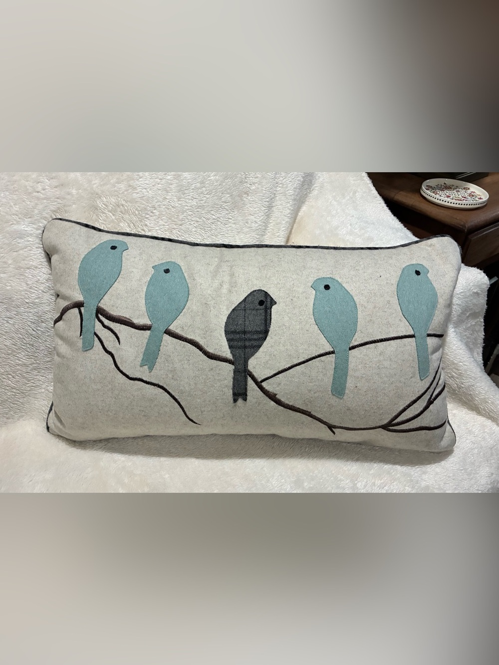 Source Unknown Neutral Bird Appliqué Accent Pillow in Teal and Charcoal
